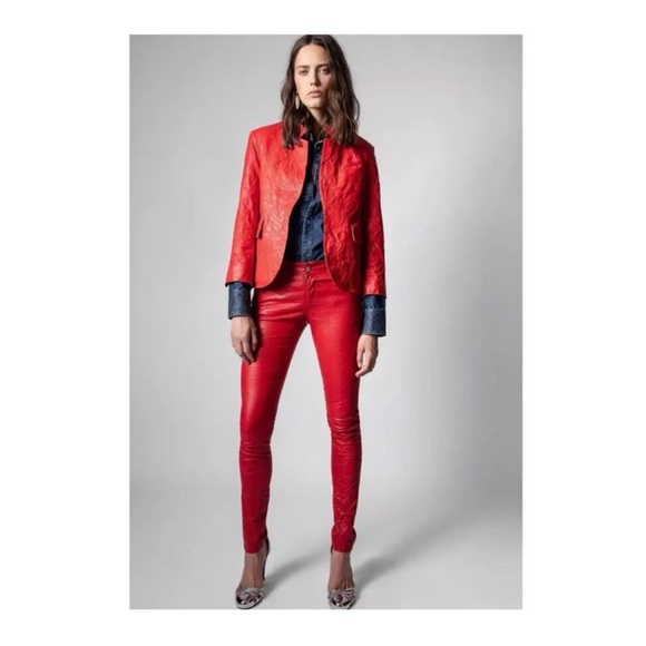 New! ZADIG & VOLTAIRE Phlame Crinkled Lambskin Leather Skinny Pants - Picture 2 of 11